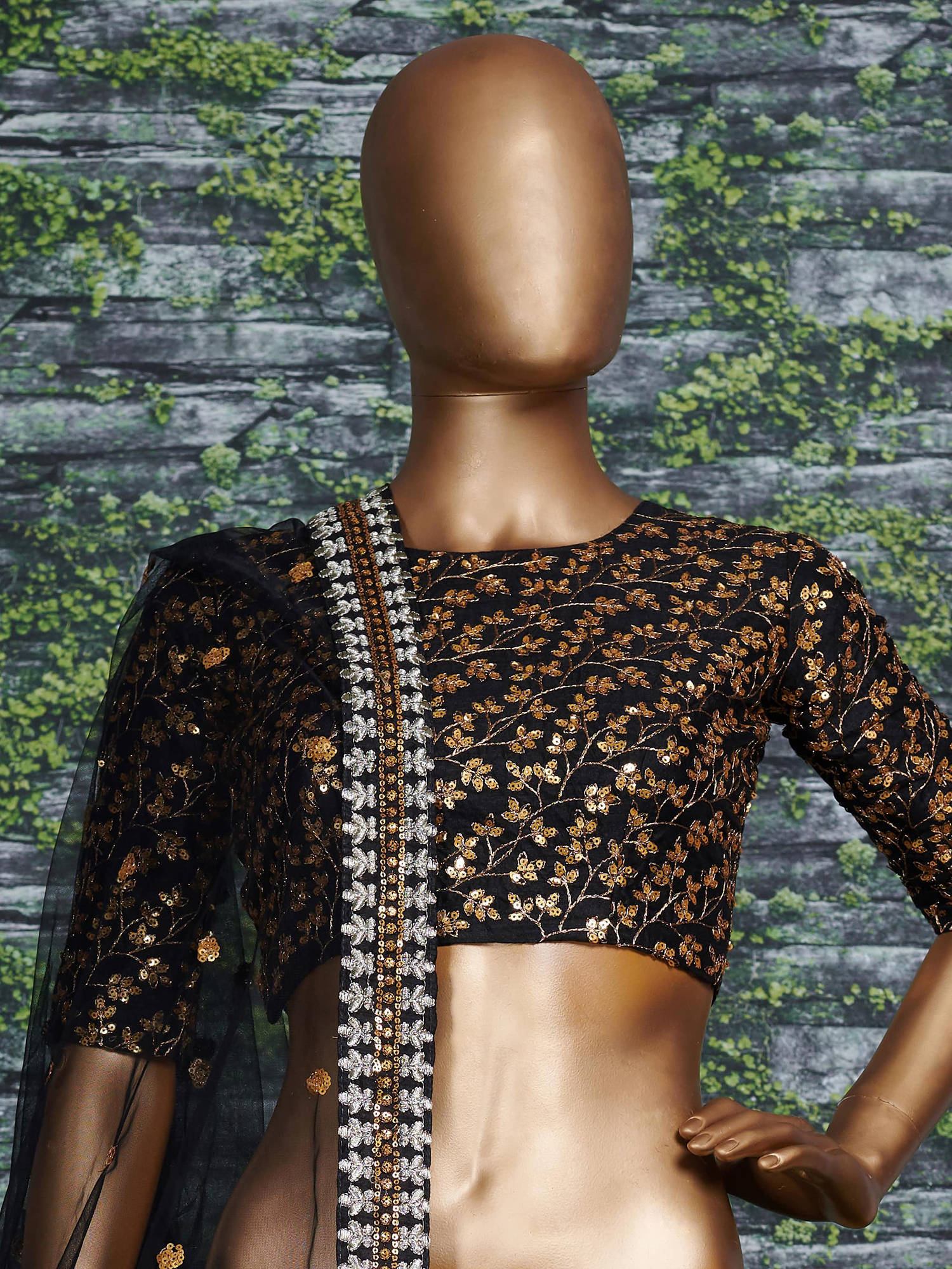 Vine Pattern Golden Sequins Black Silk Lehenga Choli Set ClothsVilla