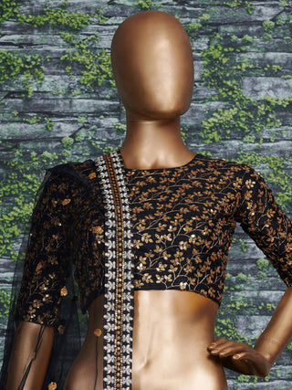Vine Pattern Golden Sequins Black Silk Lehenga Choli Set ClothsVilla