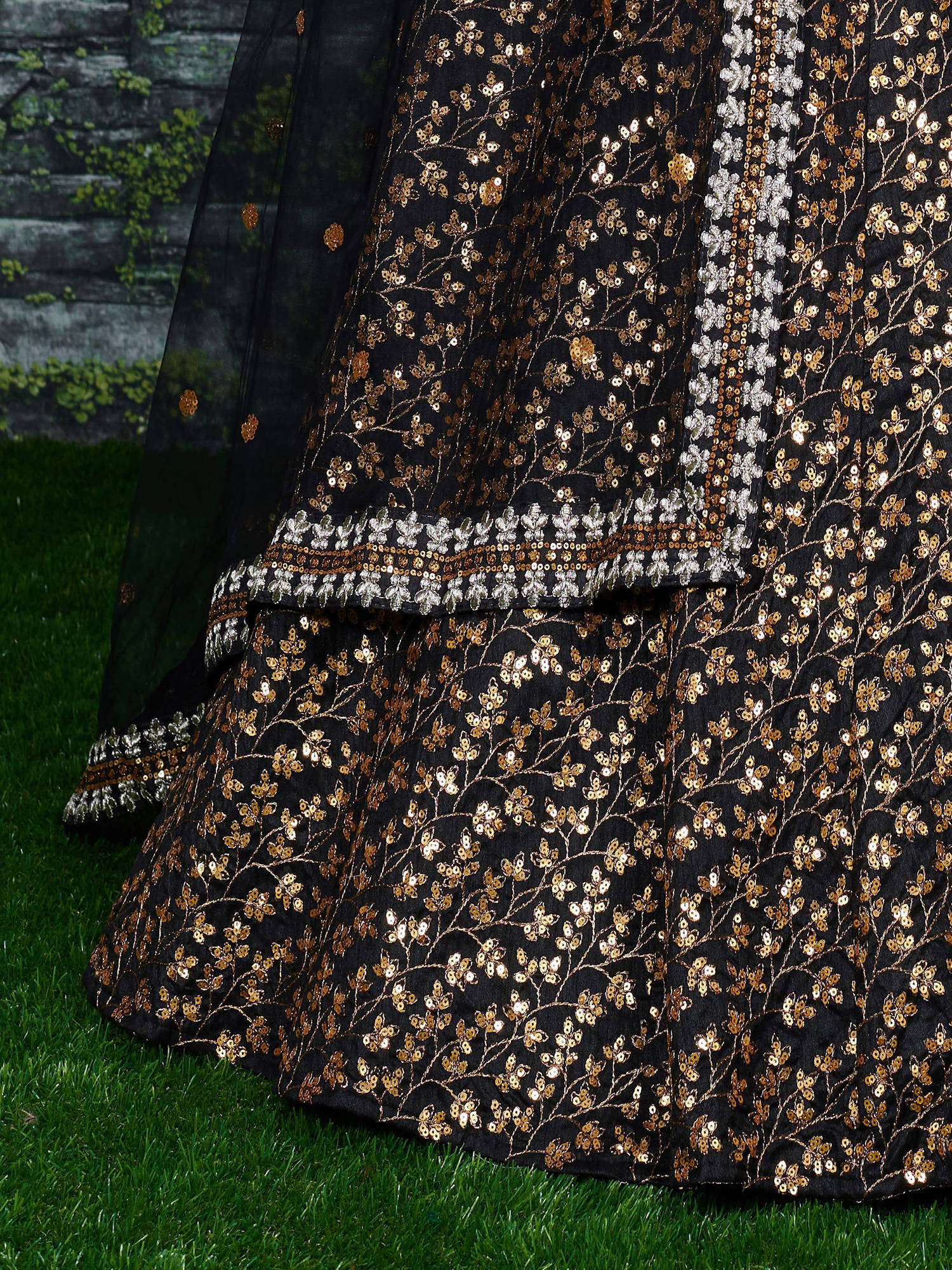 Vine Pattern Golden Sequins Black Silk Lehenga Choli Set ClothsVilla