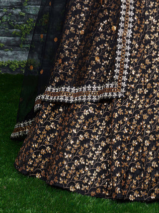 Vine Pattern Golden Sequins Black Silk Lehenga Choli Set ClothsVilla