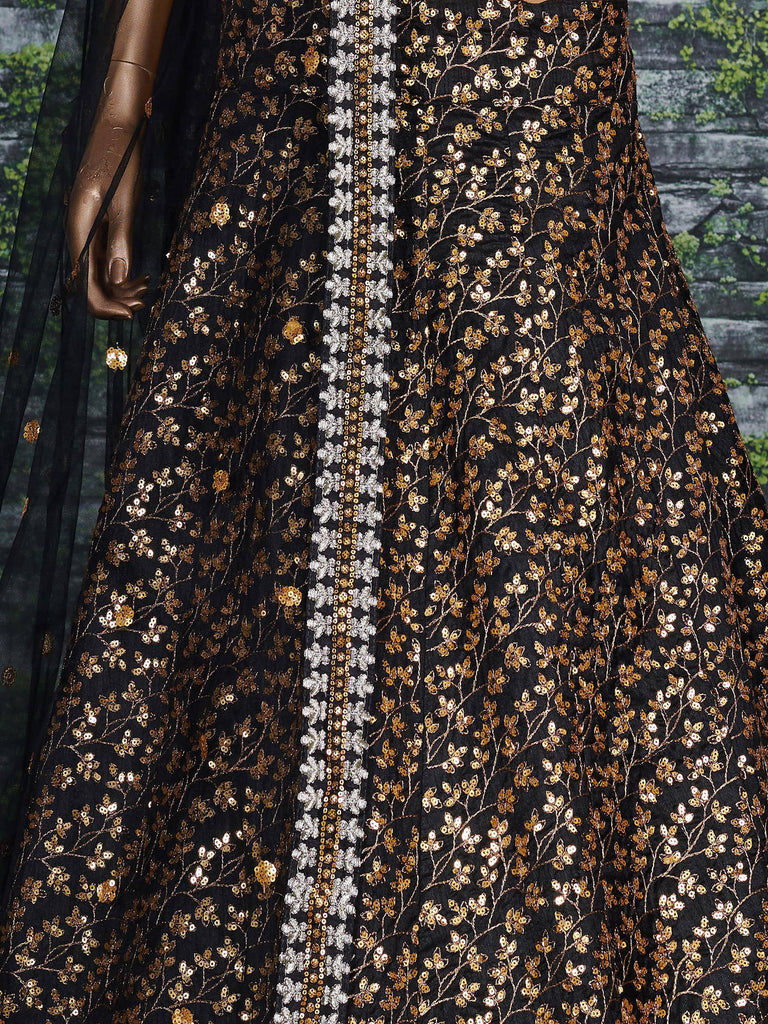 Vine Pattern Golden Sequins Black Silk Lehenga Choli Set ClothsVilla