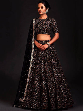 Vine Pattern Golden Sequins Black Silk Lehenga Choli Set ClothsVilla