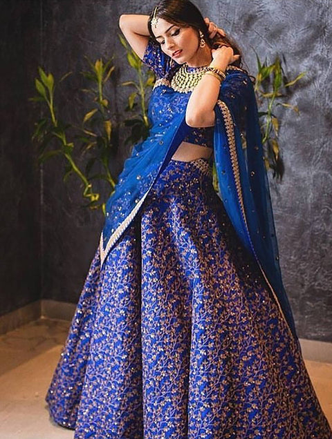 Elegant Blue Colored Designer Heavy Embroidered Raw Silk Lehenga ClothsVilla Main image