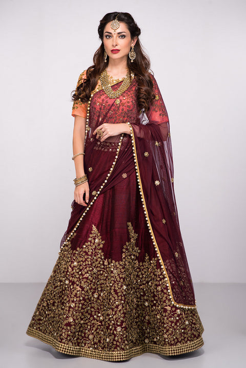 Attractive Maroon Colored Partywear Designer Embroidered Silk Lehenga Choli ClothsVilla Main image