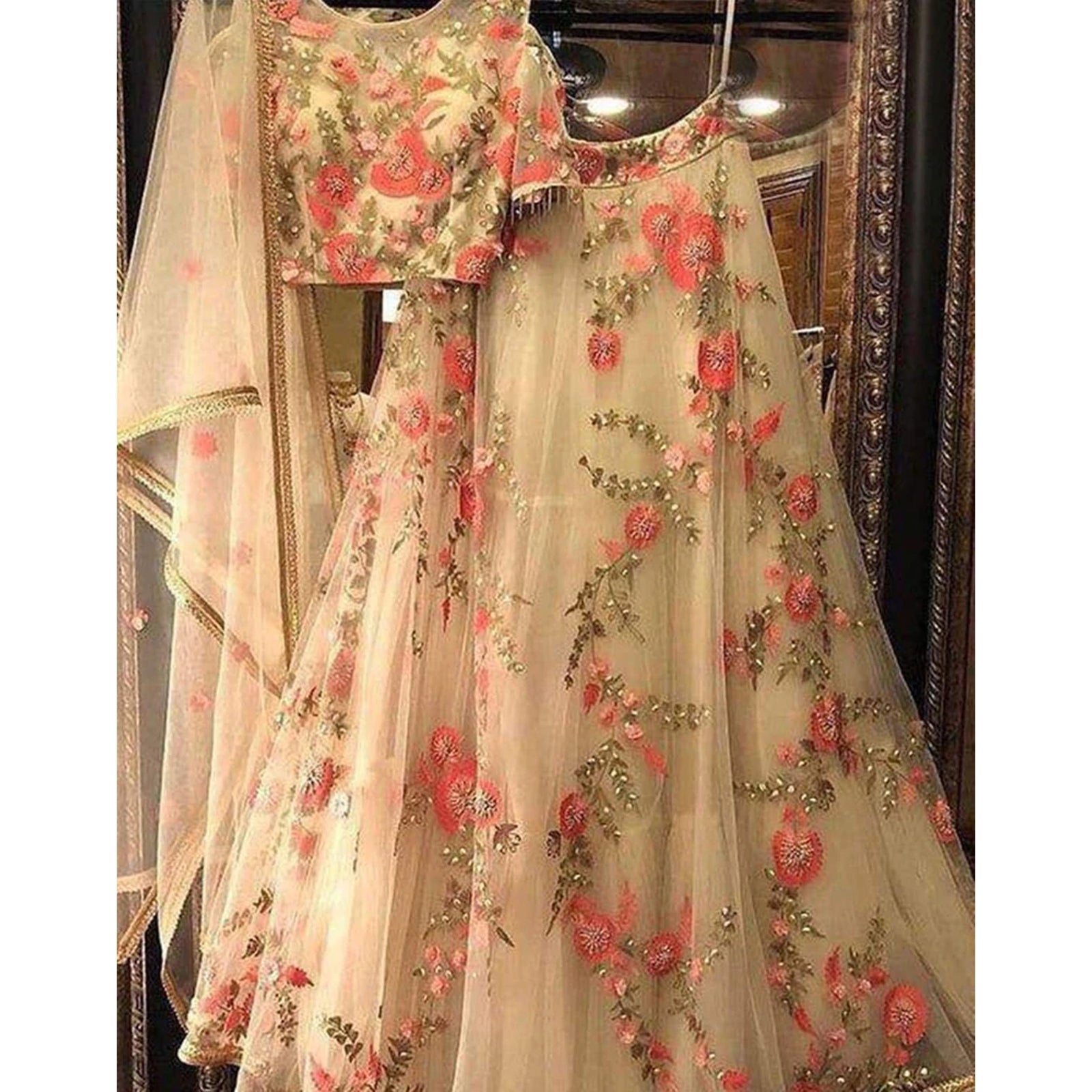 Cream Colored Lehenga Choli with Embroidery Work ClothsVilla