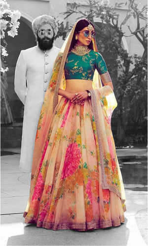 Beautiful White-Green Designer Digital Printed Lehenga Choli ClothsVilla