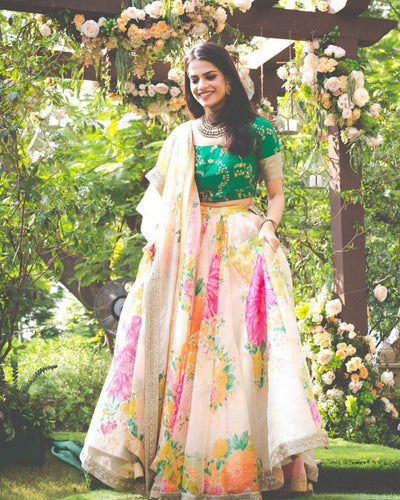 Beautiful White-Green Designer Digital Printed Lehenga Choli ClothsVilla