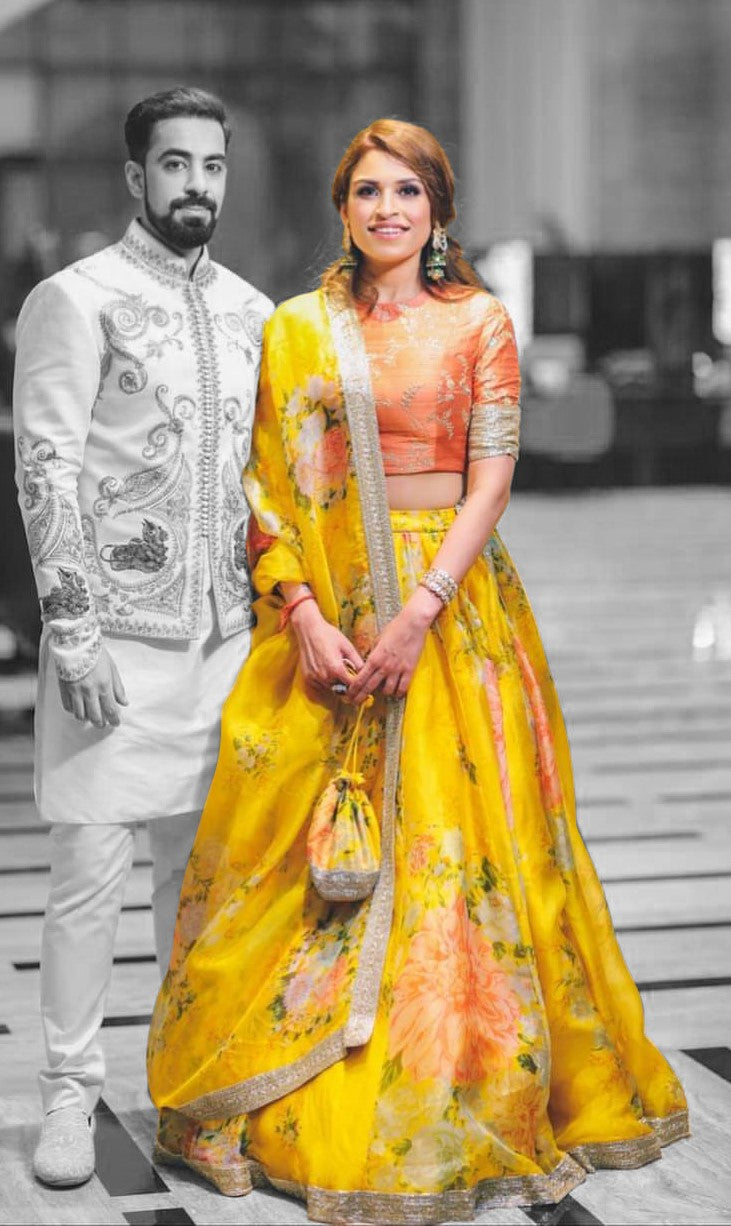 Beautiful Yellow-Orange Designer Digital Printed Lehenga Choli ClothsVilla