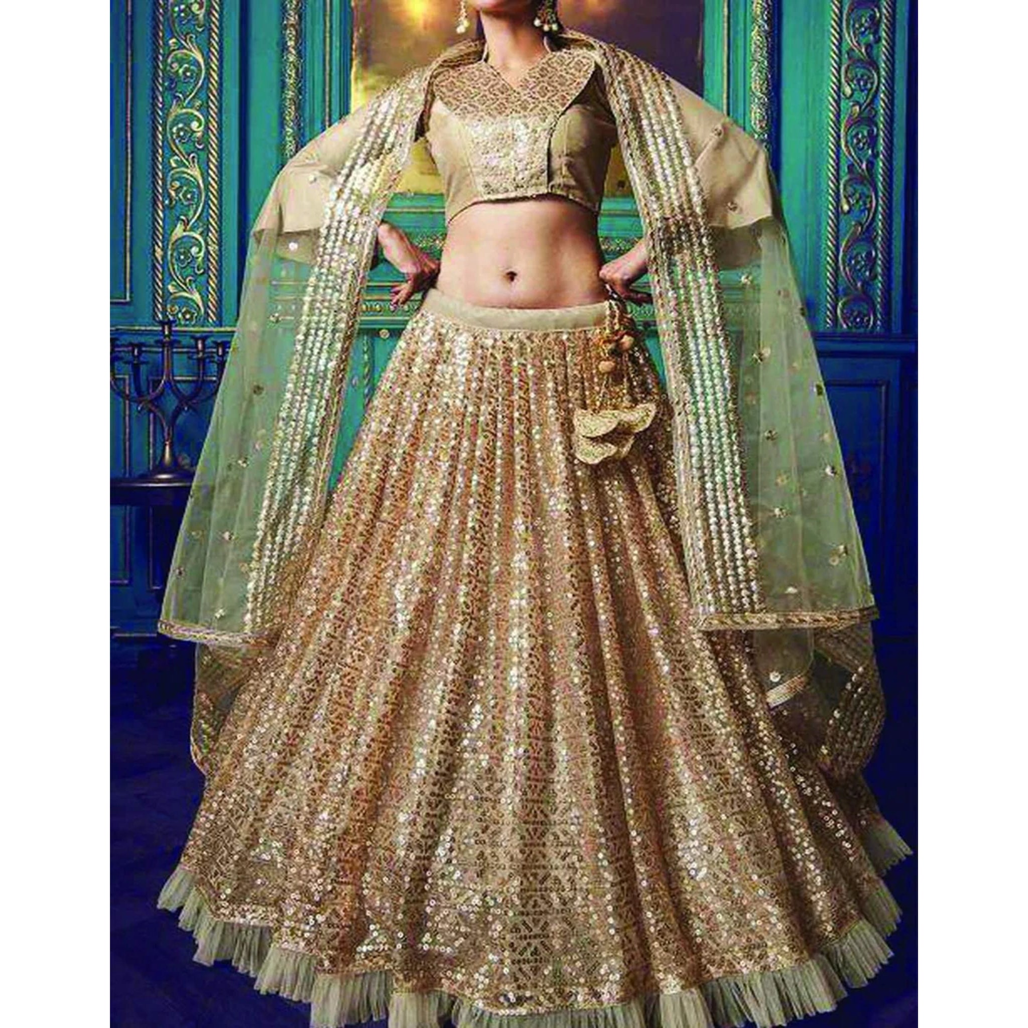 Cream Colored Party Wear Lehenga Choli with Heavy Sequence Work ClothsVilla Main image