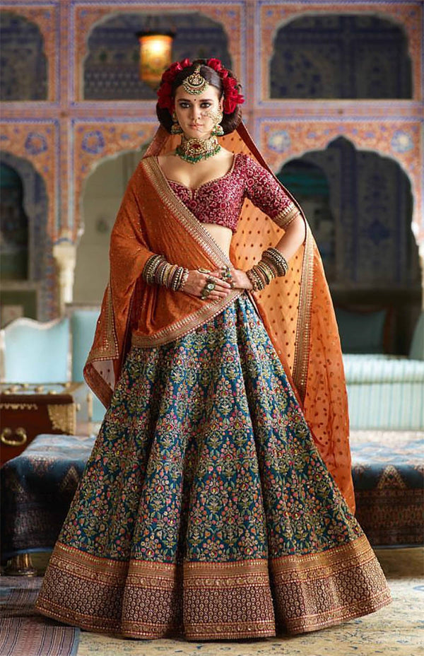 Flamboyant Blue-Red Colored Bridal wear Embroidered Lehenga Choli ClothsVilla
