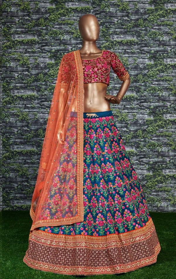 Flamboyant Blue-Red Colored Bridal wear Embroidered Lehenga Choli ClothsVilla