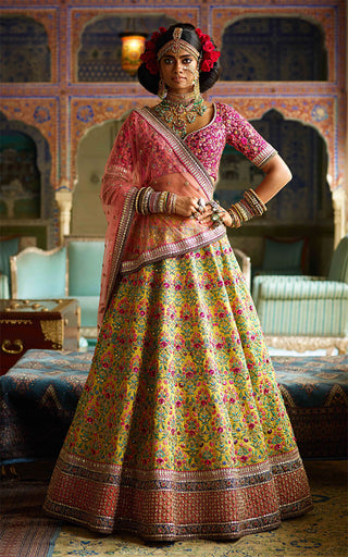 Flamboyant Yellow-Pink Colored Bridal wear Embroidered Lehenga Choli ClothsVilla