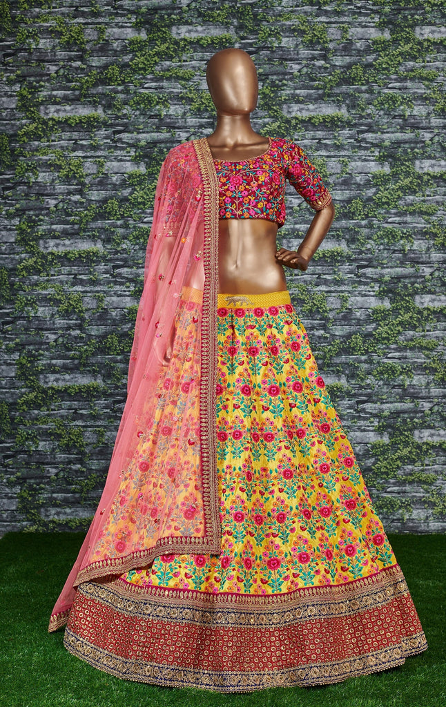 Flamboyant Yellow-Pink Colored Bridal wear Embroidered Lehenga Choli ClothsVilla