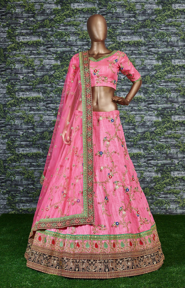 Sensational Pink Colored Bridal wear Embroidered Art Silk Lehenga Choli ClothsVilla