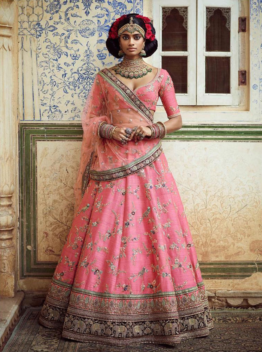 Sensational Pink Colored Bridal wear Embroidered Art Silk Lehenga Choli ClothsVilla Main image