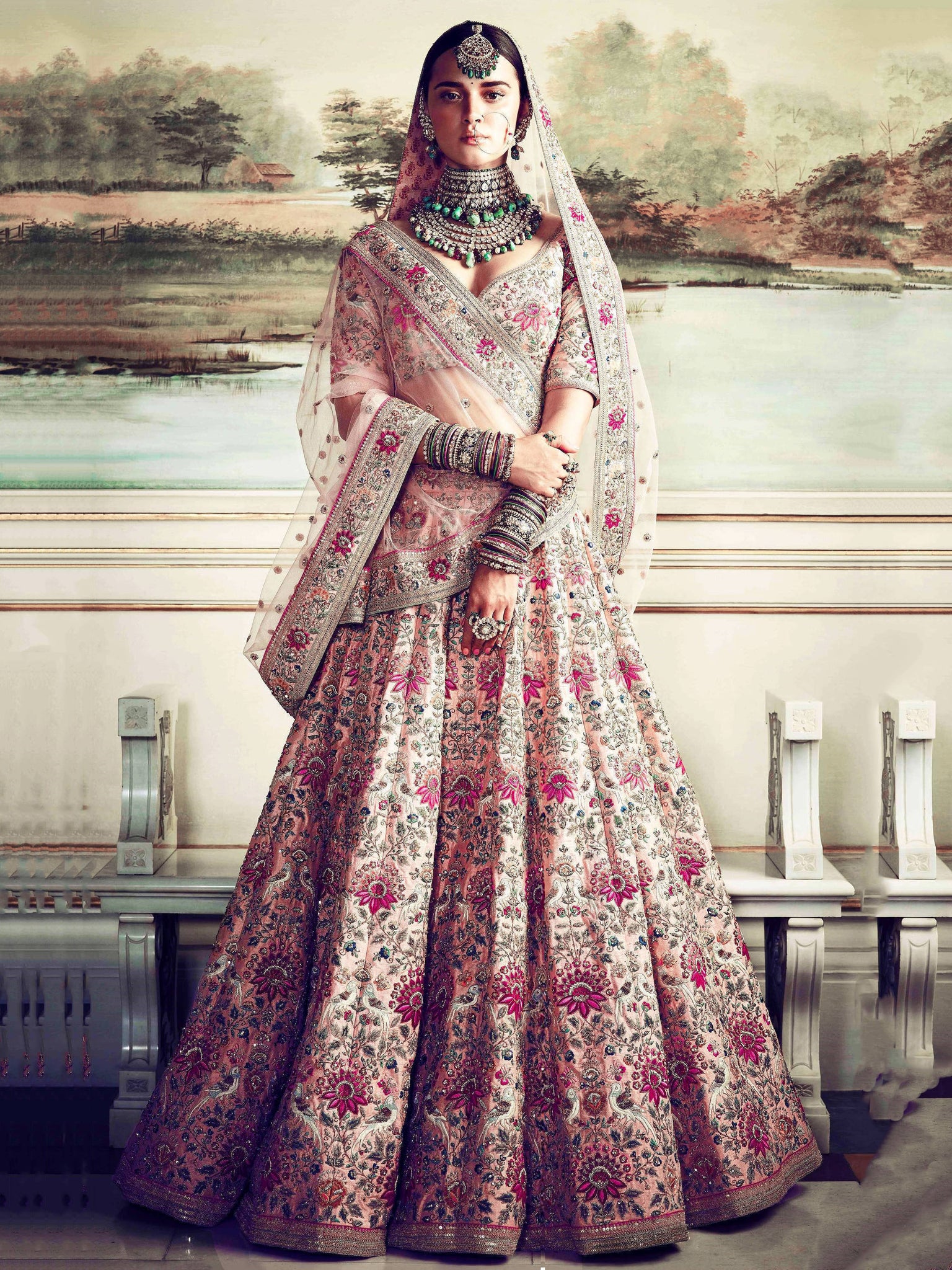 Nakkashi Bridal Wedding Wear Maroon Jacquard Velvet Peach Silk Lengha