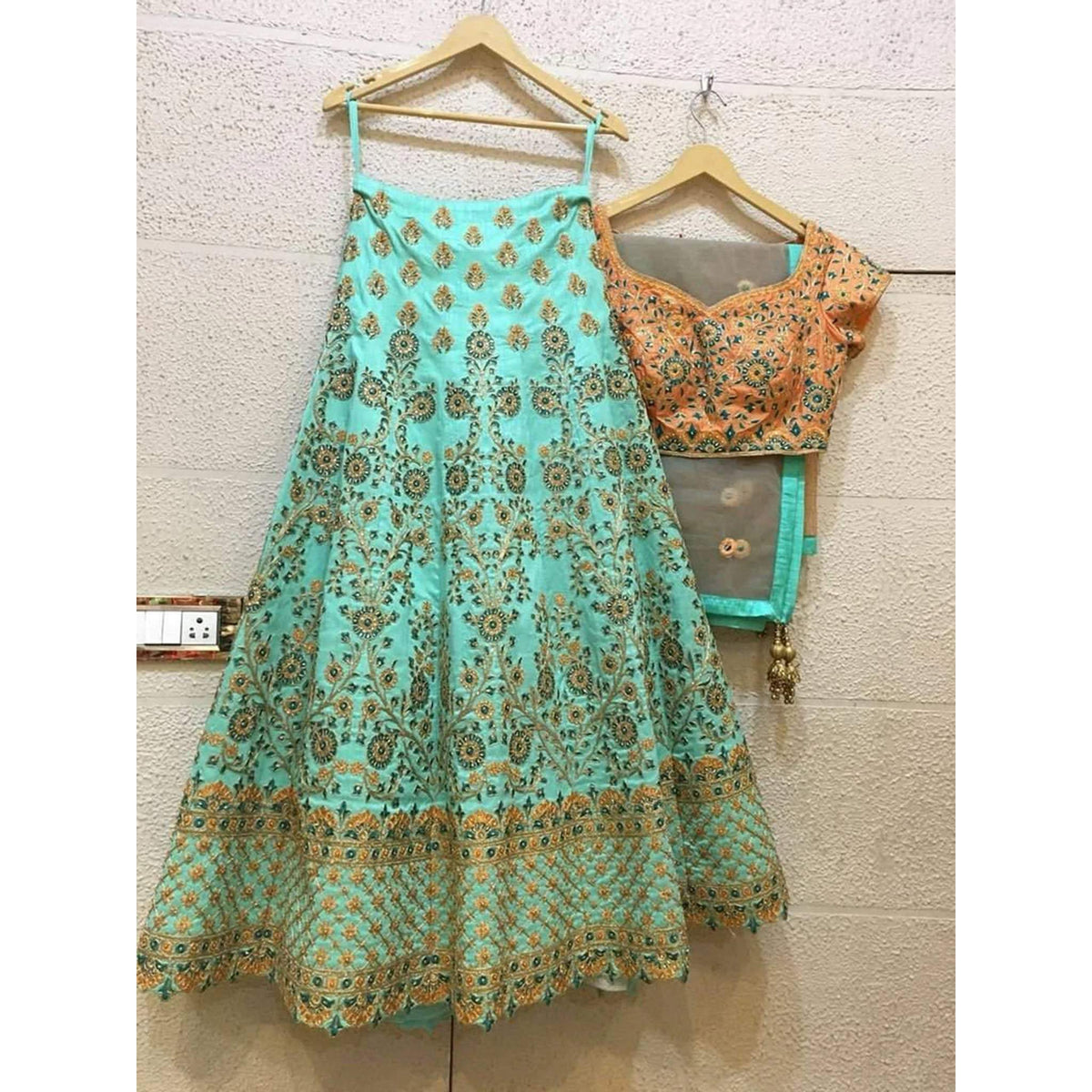 Cyan Lehenga Choli with Heavy Embroidery Work and Net Dupatta ClothsVilla