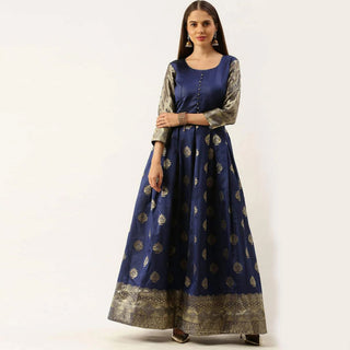Dark Blue Color Box Cut Soft Silk Gown ClothsVilla