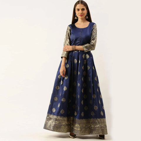 Dark Blue Color Box Cut Soft Silk Gown ClothsVilla Main image