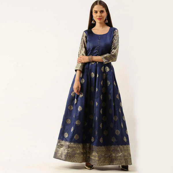Dark Blue Color Box Cut Soft Silk Gown ClothsVilla