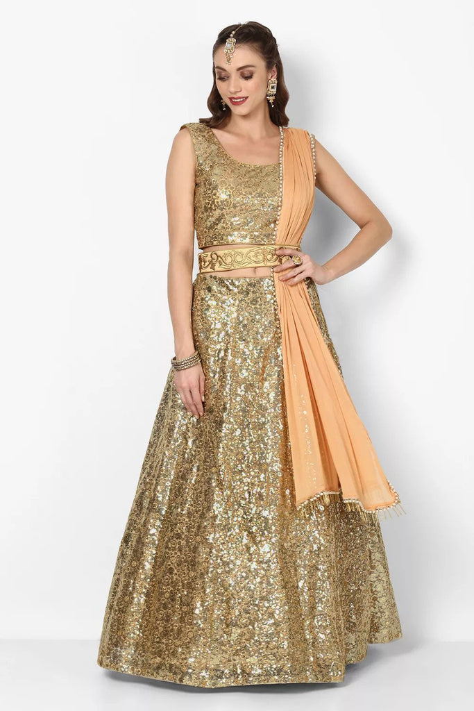 Stunning Golden Colored Party wear Embroidered Netted Lehenga Choli ClothsVilla
