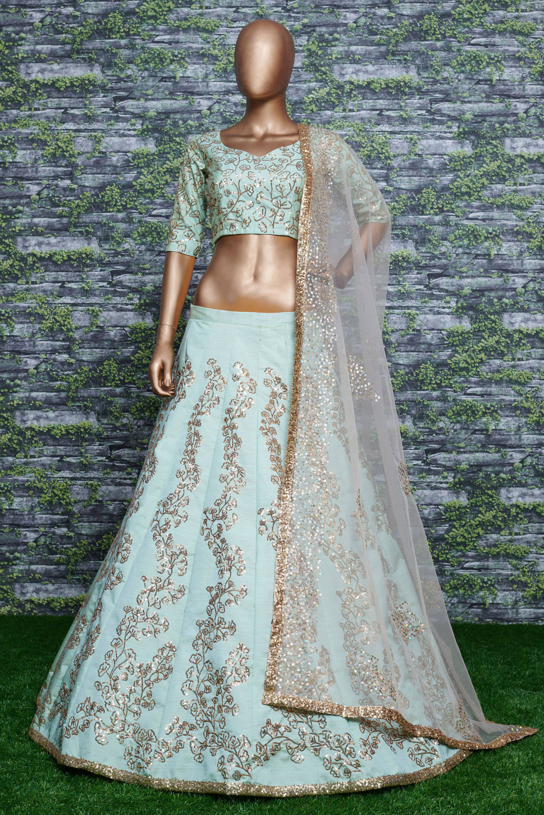 Glorious Mint Green Sequins Silk Bridal Lehenga Choli With Beige Dupatta ClothsVilla