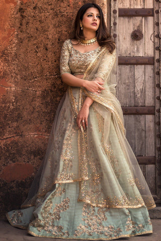 Glorious Mint Green Sequins Silk Bridal Lehenga Choli With Beige Dupatta ClothsVilla