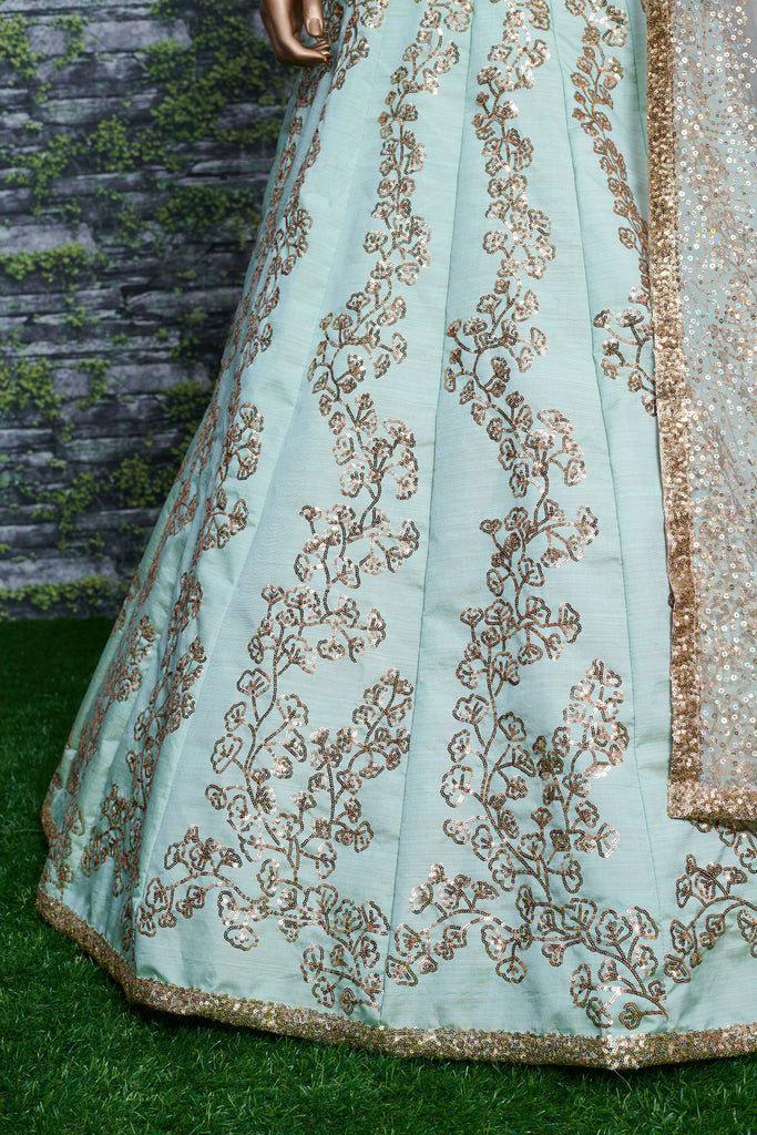 Glorious Mint Green Sequins Silk Bridal Lehenga Choli With Beige Dupatta ClothsVilla