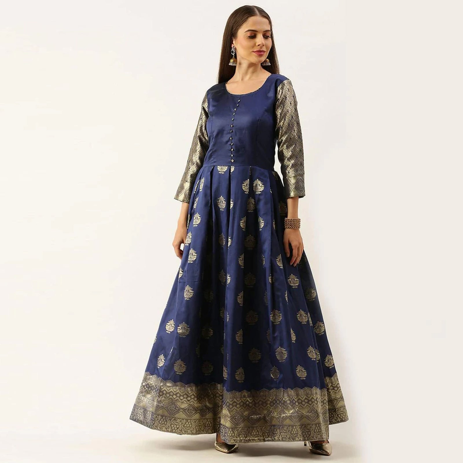 Dark Blue Color Box Cut Soft Silk Gown ClothsVilla