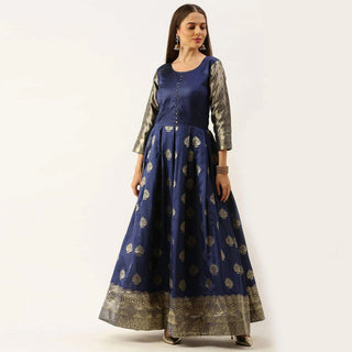 Dark Blue Color Box Cut Soft Silk Gown ClothsVilla