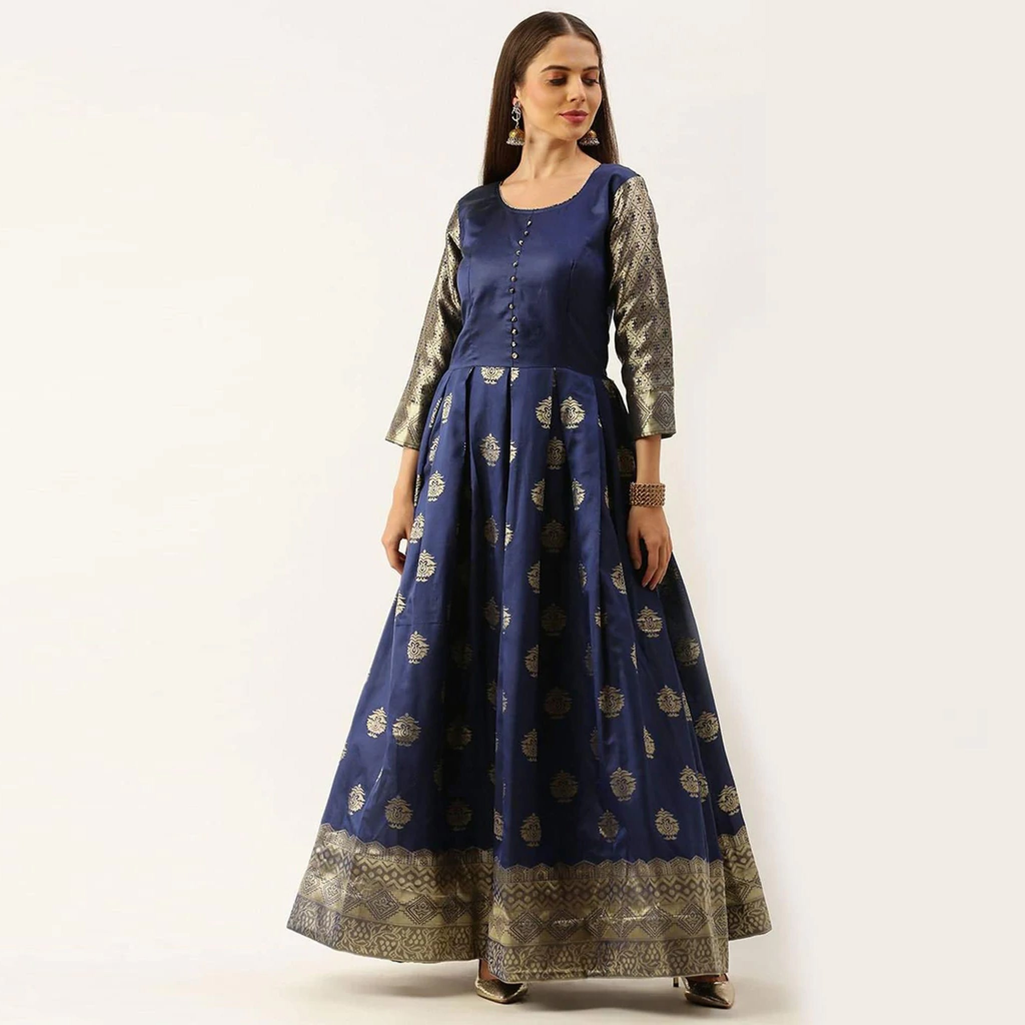 Dark Blue Color Box Cut Soft Silk Gown ClothsVilla