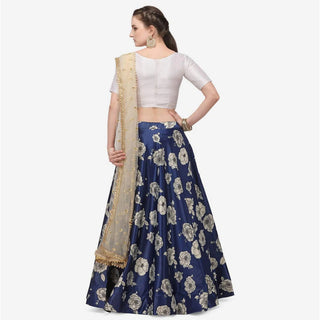 Dark Blue Color Zari Silk Lehenga Choli with Net Dupatta ClothsVilla