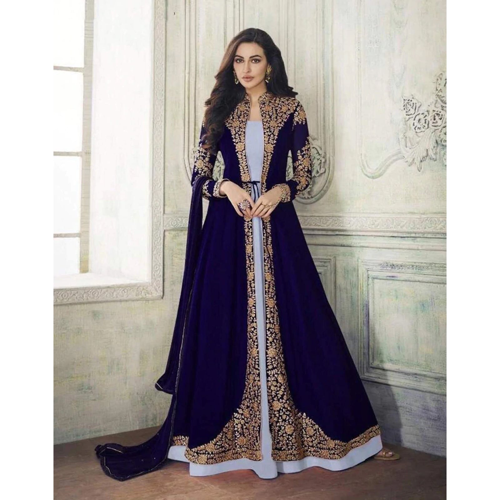 Dark Blue Designer Georgette Gown with Heavy Embroidery Work ClothsVilla