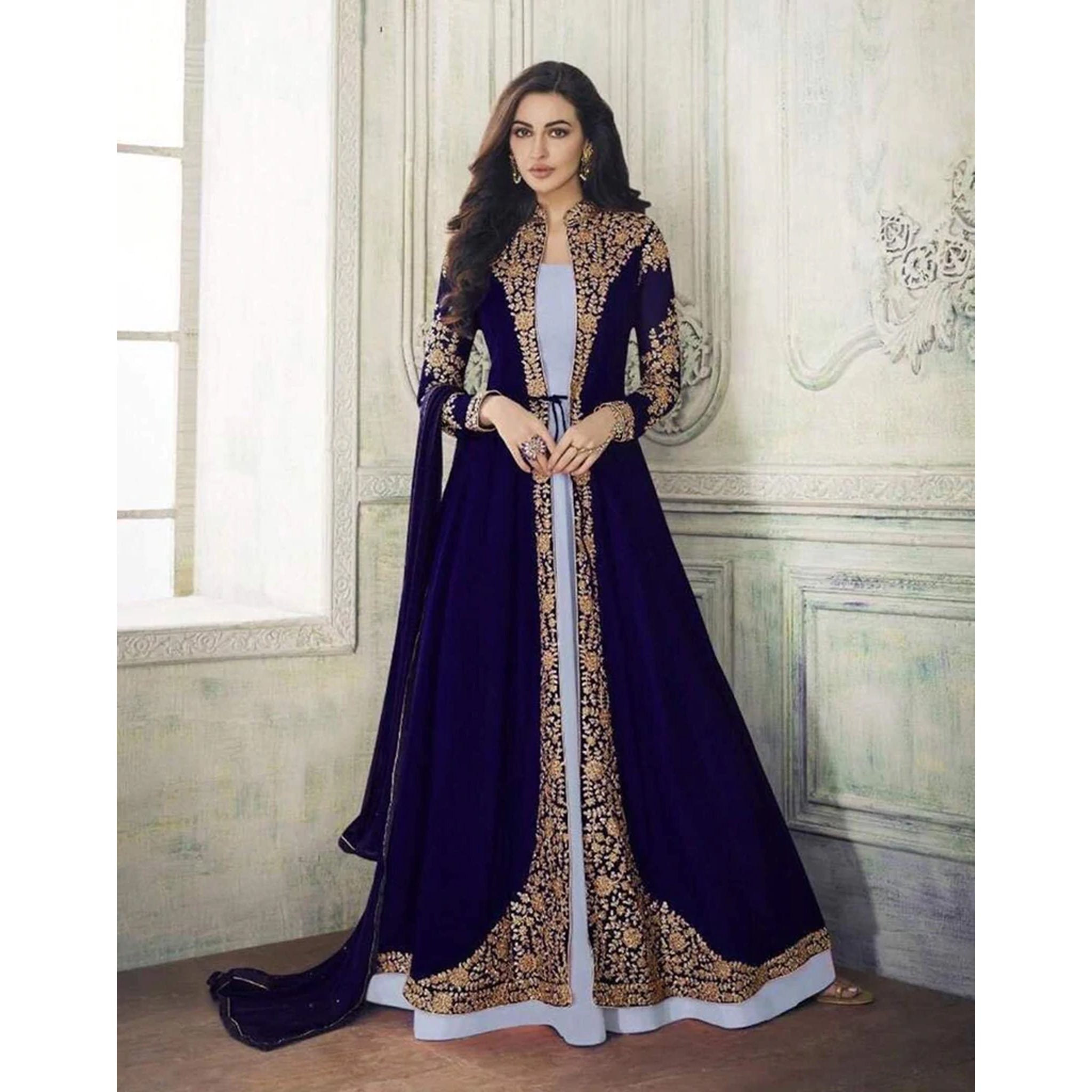 Dark Blue Designer Georgette Gown with Heavy Embroidery Work ClothsVilla Main image