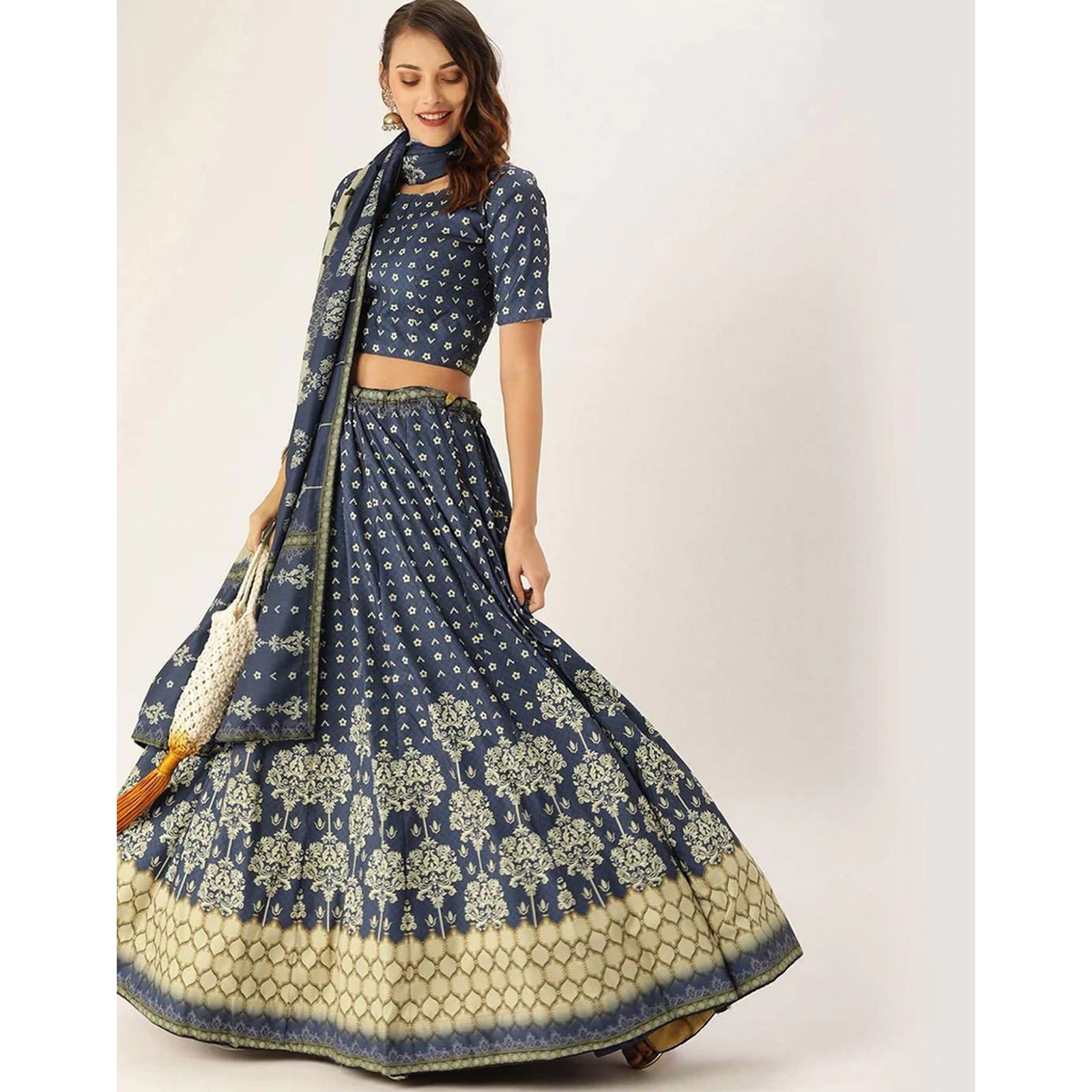 Dark Blue Lehenga Choli with Maslin Silk Dupatta ClothsVilla