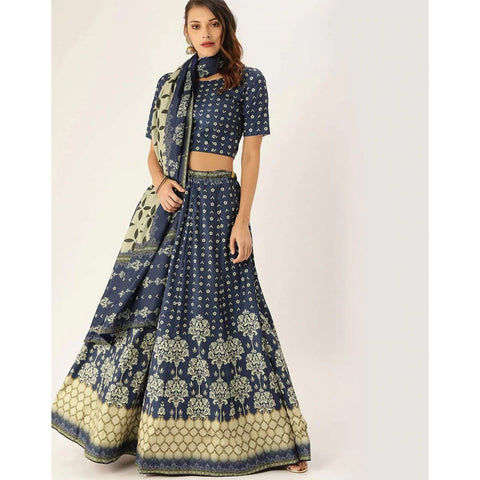 Dark Blue Lehenga Choli with Maslin Silk Dupatta ClothsVilla Main image