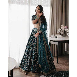 Dark Green Color Pure Velvet Bridal Wear Embroidered Lehenga Choli ClothsVilla