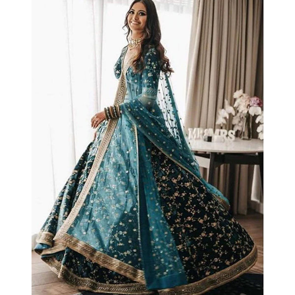 Dark Green Color Pure Velvet Bridal Wear Embroidered Lehenga Choli ClothsVilla