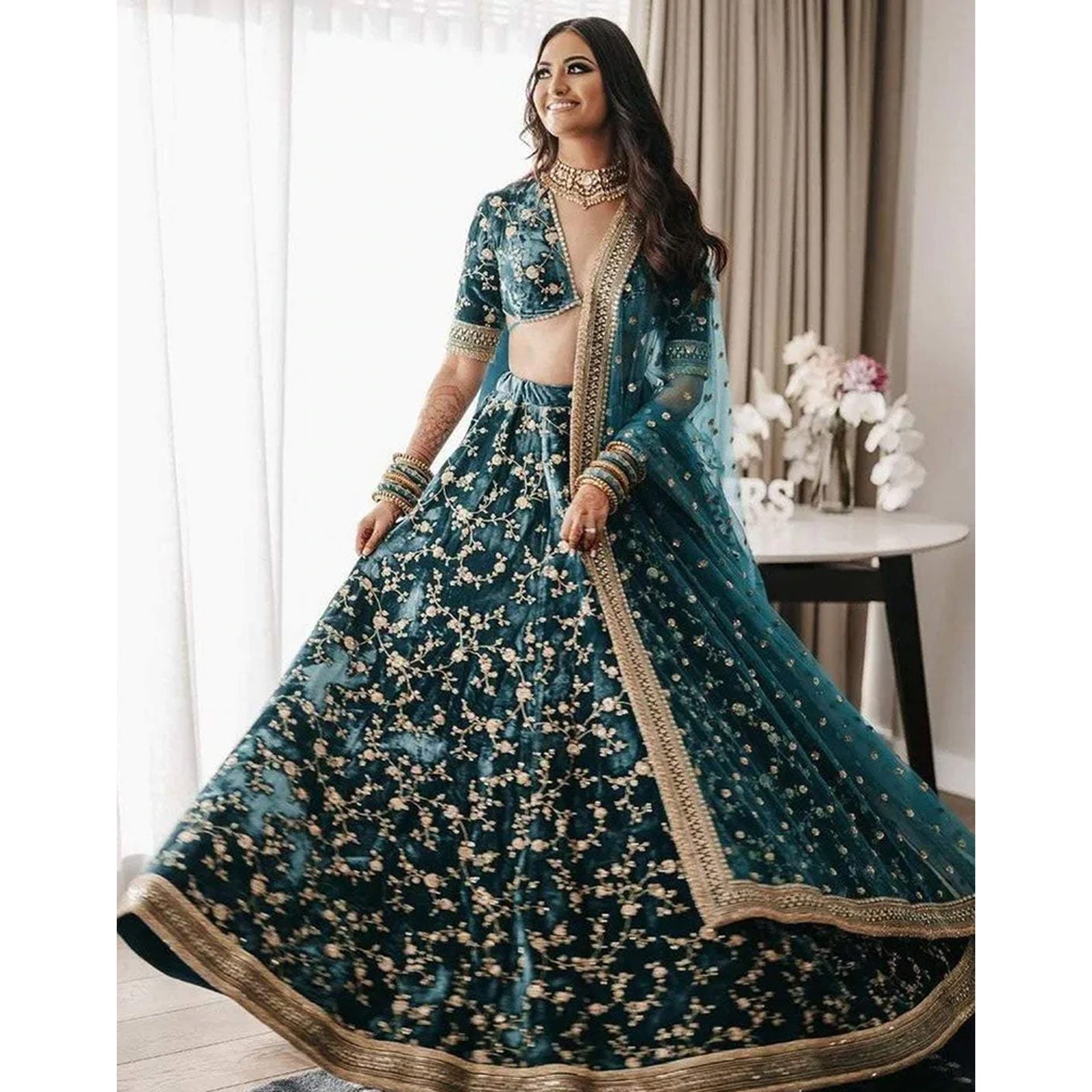 Dark Green Color Pure Velvet Bridal Wear Embroidered Lehenga Choli ClothsVilla