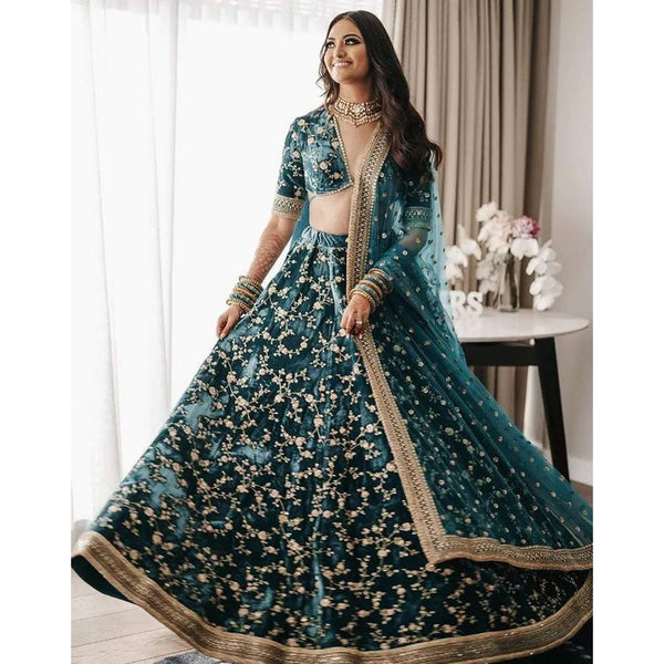 Dark Green Color Pure Velvet Bridal Wear Embroidered Lehenga Choli ClothsVilla