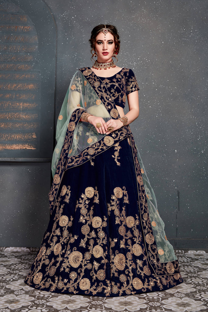 Embroidered Navy Blue Bridal Lehenga In Velvet Fabric with Designer Choli