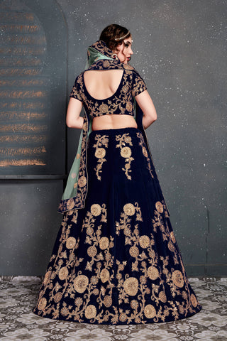 Beautiful Navy Blue Bridal Wear Embroidered Velvet Lehenga Choli ClothsVilla