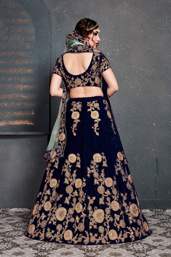 Beautiful Navy Blue Bridal Wear Embroidered Velvet Lehenga Choli ClothsVilla