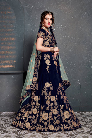 Beautiful Navy Blue Bridal Wear Embroidered Velvet Lehenga Choli ClothsVilla