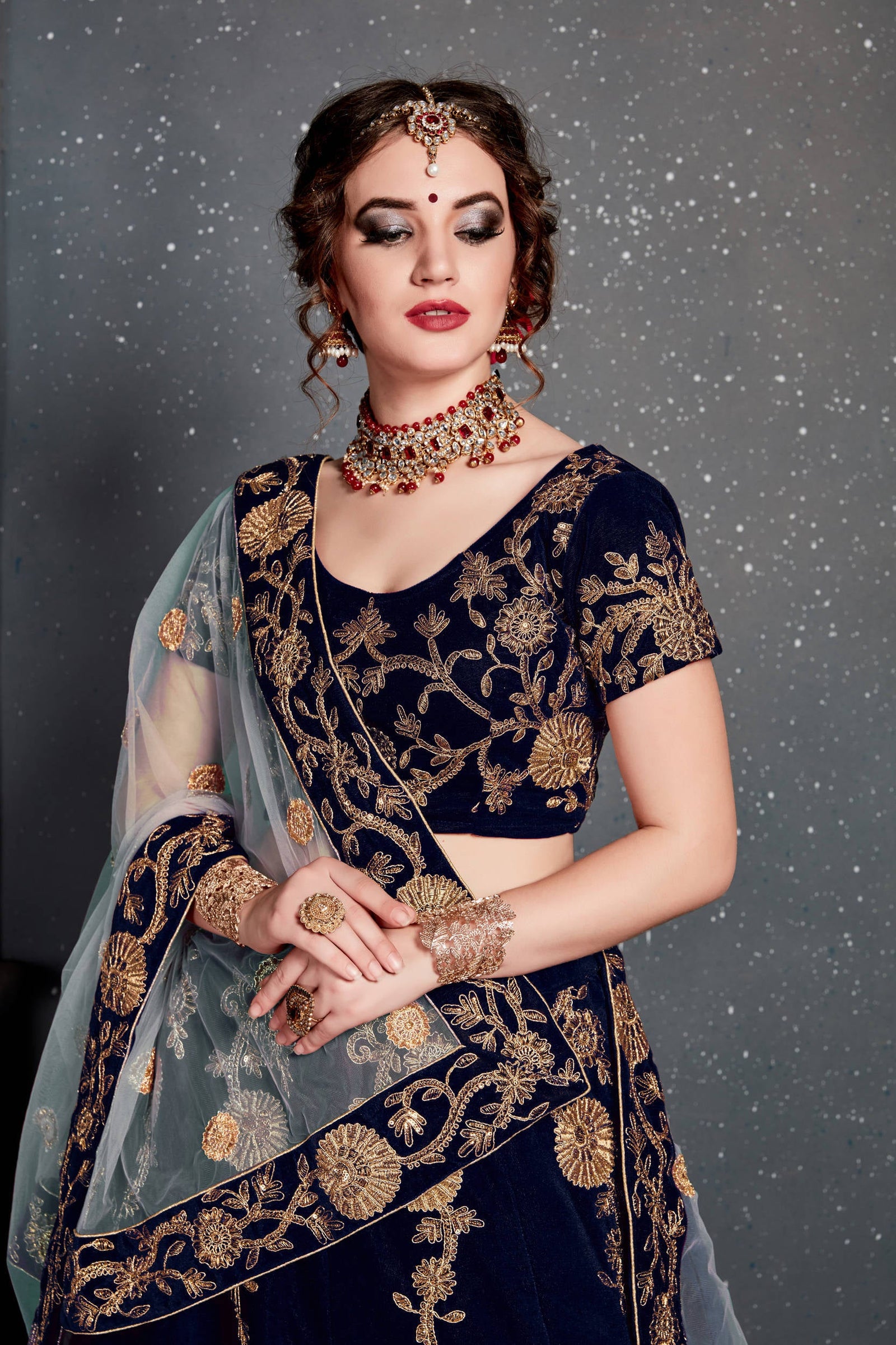 Beautiful Navy Blue Bridal Wear Embroidered Velvet Lehenga Choli ClothsVilla