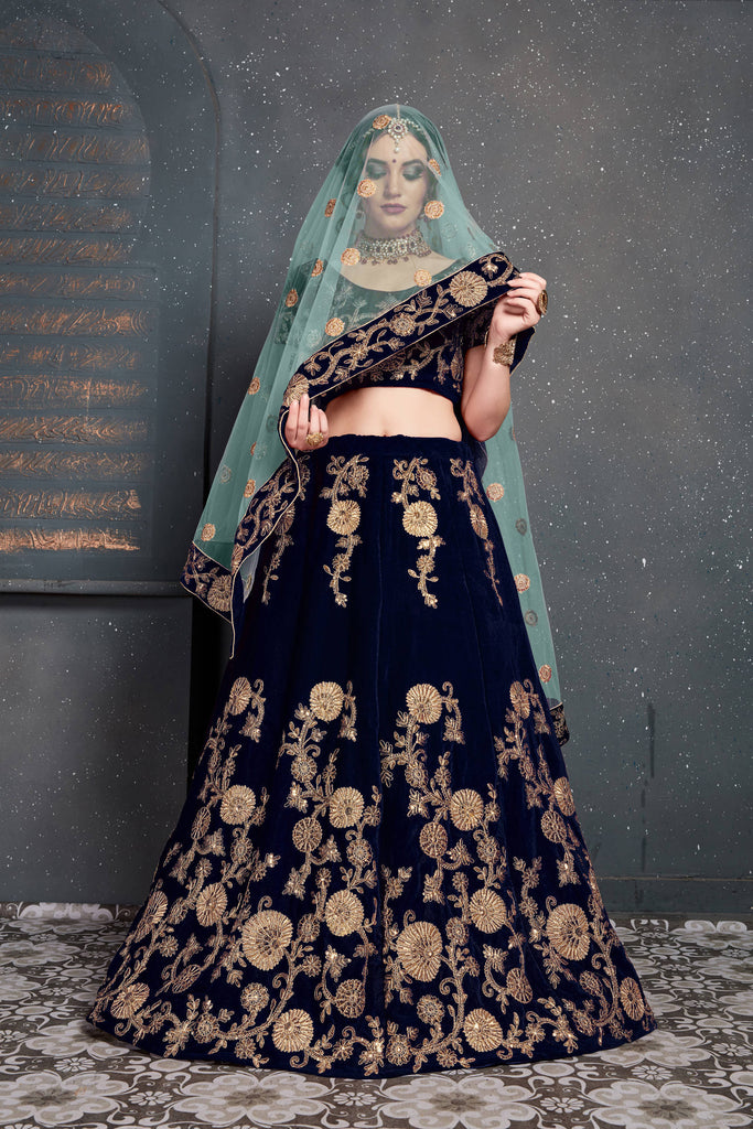 Beautiful Navy Blue Bridal Wear Embroidered Velvet Lehenga Choli ClothsVilla