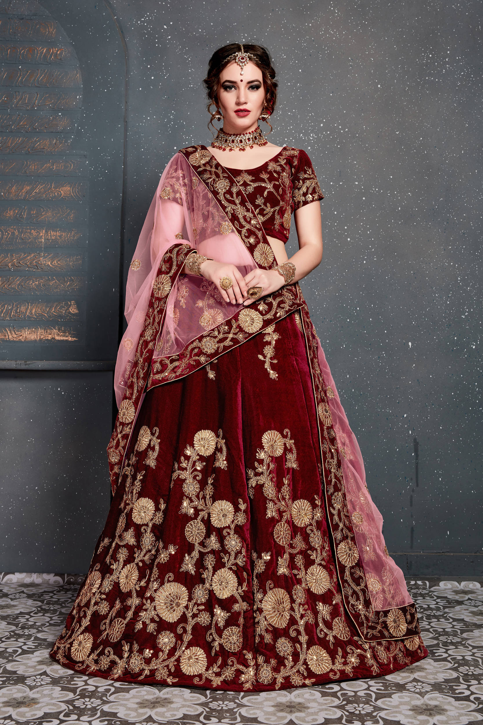 Innovative Maroon Bridal Wear Embroidered Velvet Lehenga Choli ClothsVilla Main image