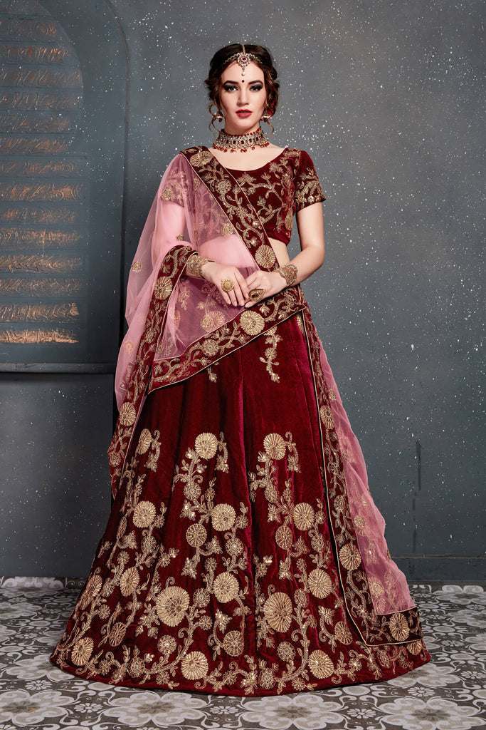 Buy Women Maroon Floral Print Tiered Lehenga Set With Blouse And Contrast  Dupatta - Feed Luxe Lehenga - Indya
