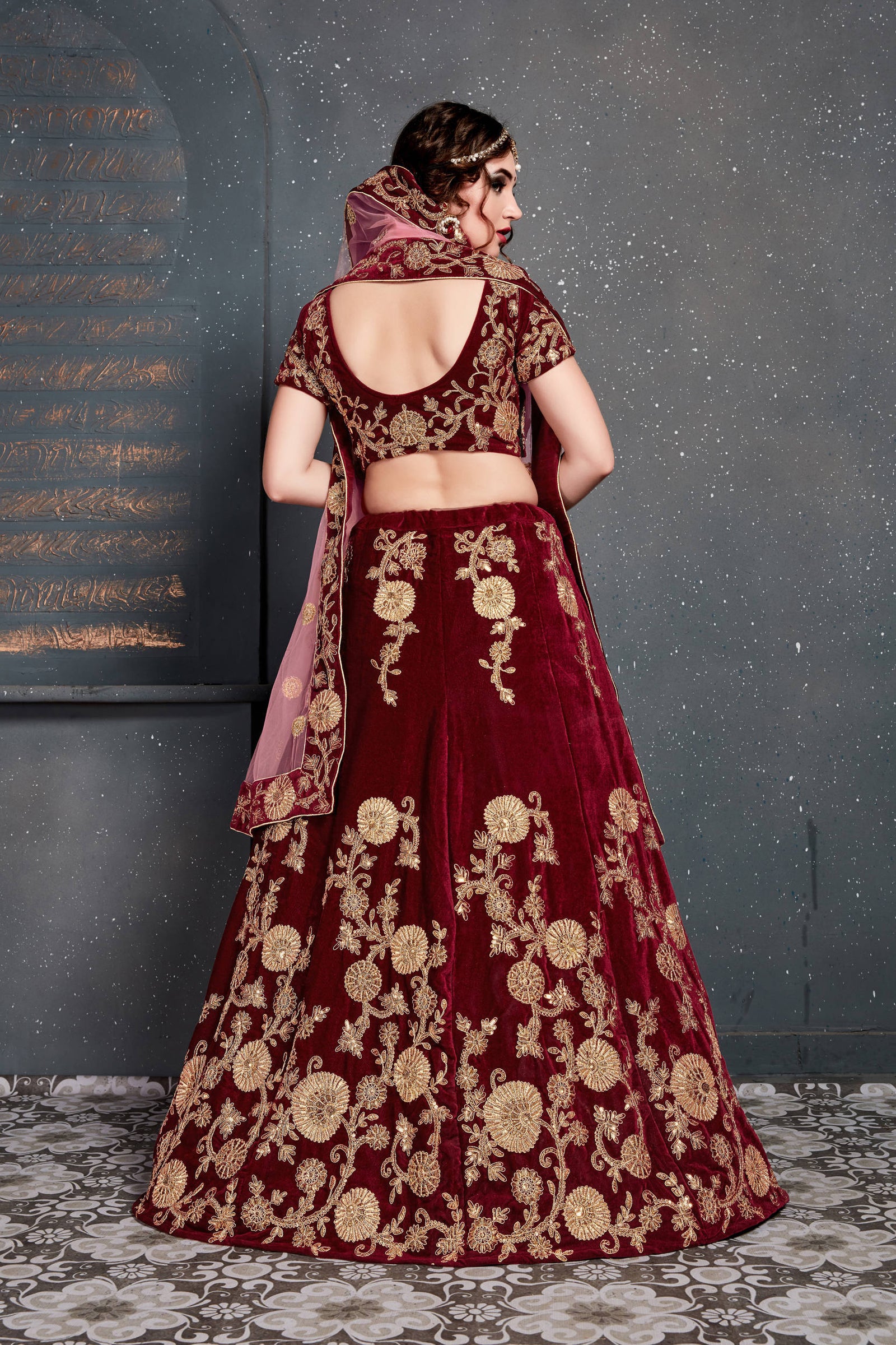 Innovative Maroon Bridal Wear Embroidered Velvet Lehenga Choli ClothsVilla