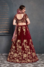 Load image into Gallery viewer, Innovative Maroon Bridal Wear Embroidered Velvet Lehenga Choli ClothsVilla